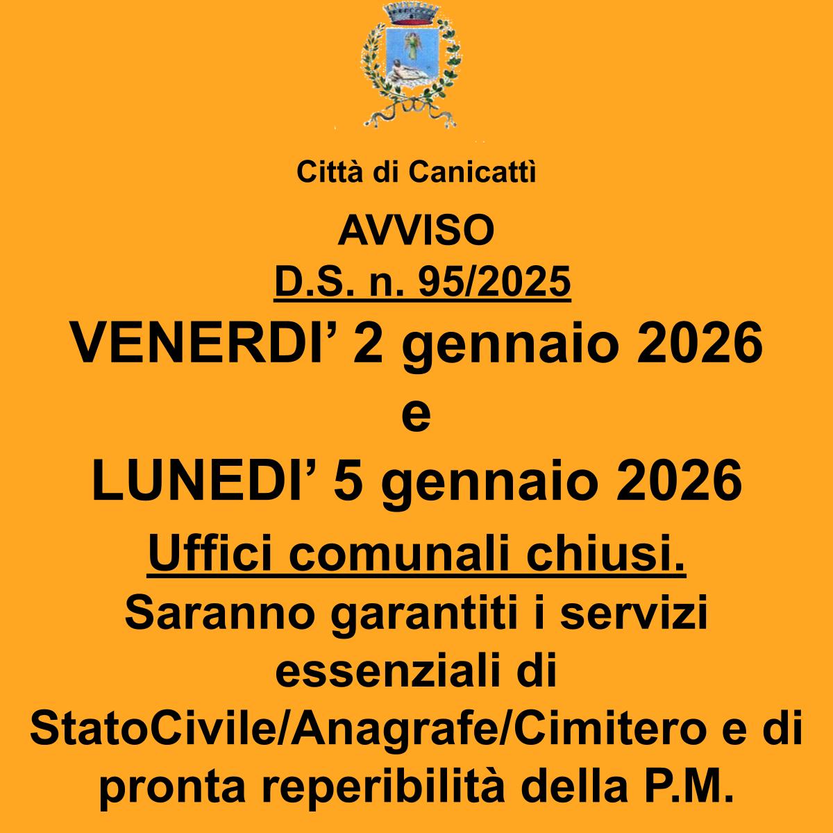 Canicattì, uffici comunali chiusi il 2 e 5 gennaio