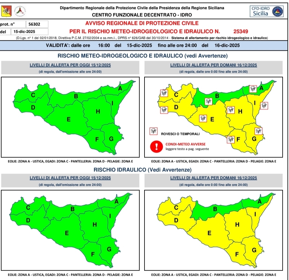 Torna il maltempo in Sicilia. Allerta gialla in 7 province