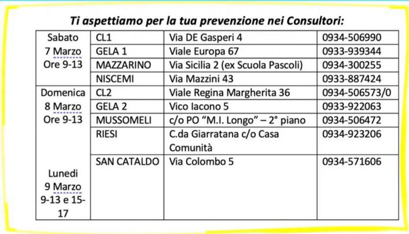 Tumore al collo dell’utero, fine-settimana della prevenzione nei consultori nisseni