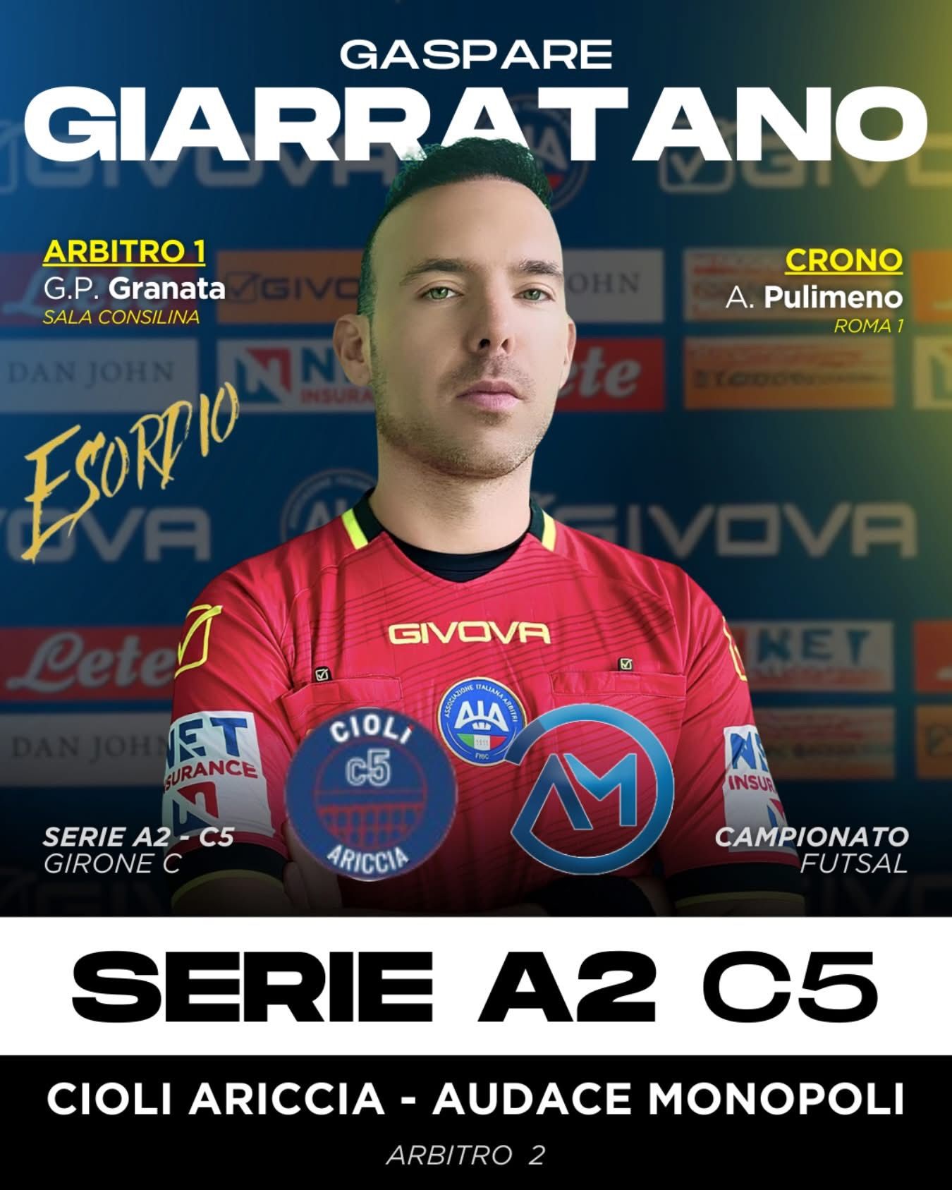 Arbritri Agrigento, esordio in serie A2 di calcio a 5 per Gaspare Giarratano