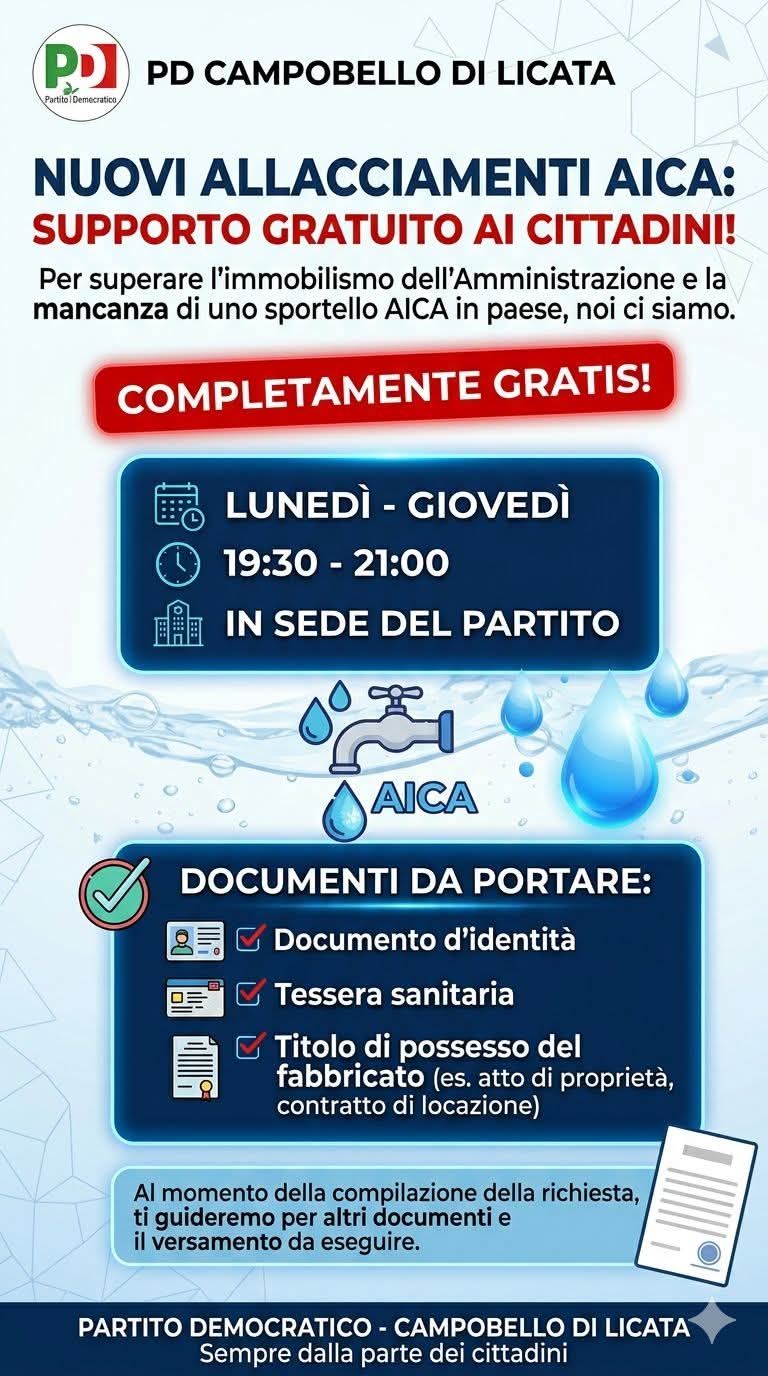 Campobello. Nuovi allacci ad Aica. Pd offre supporto gratuito agli utenti