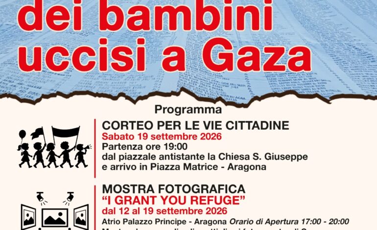 “Il sudario di Gaza passa da Aragona” in ricordo dei bambini uccisi