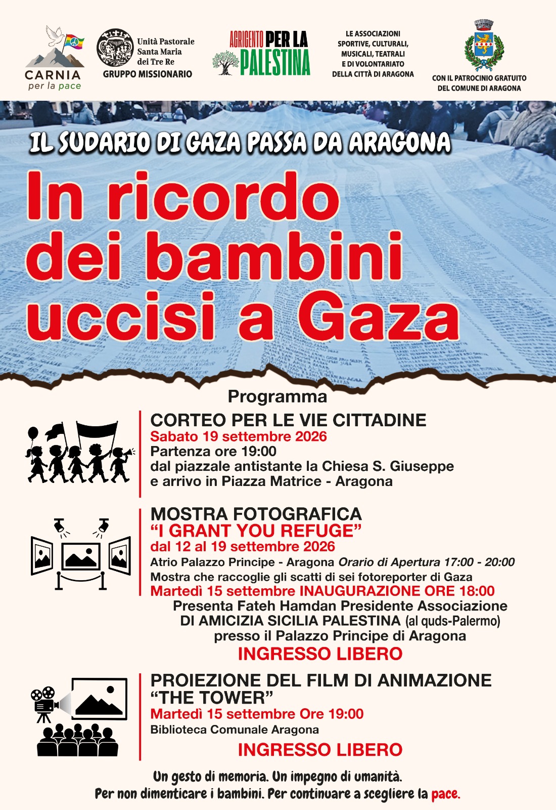 “Il sudario di Gaza passa da Aragona” in ricordo dei bambini uccisi